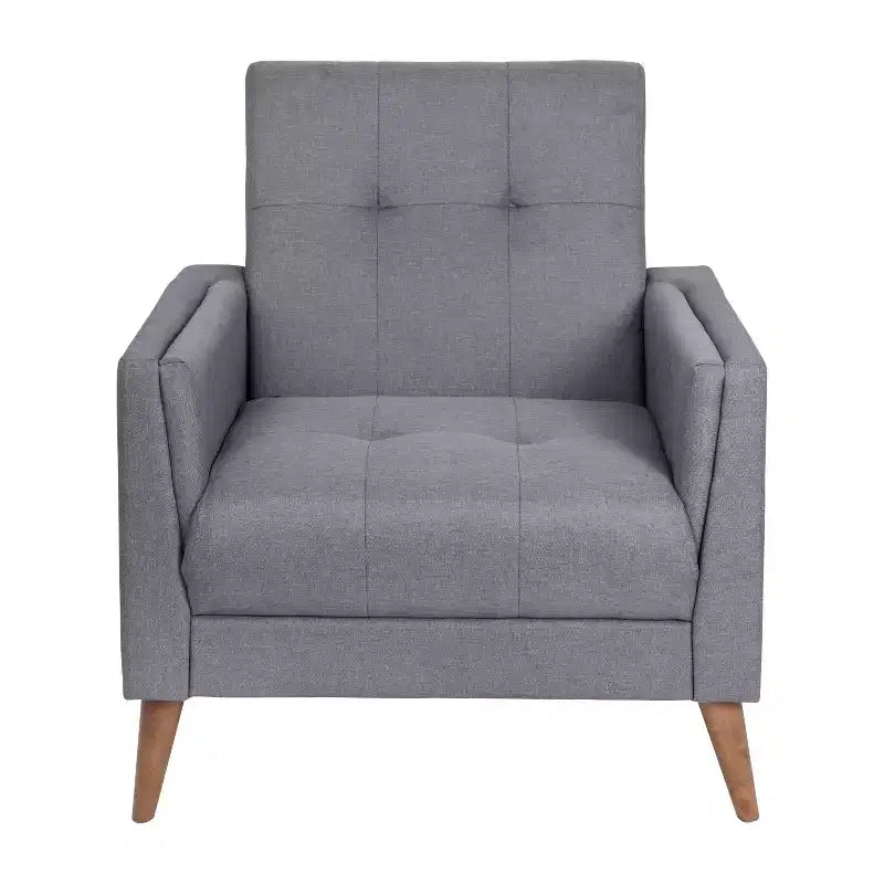 Poltrona Mid-Century Modern con Rivestimento Trapuntato in Finta Biancheria e Gambe in Legno Massello